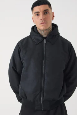 Tall Collared Boxy Bomber Jacket With Jersey Hood In Black | BoohooMAN UK