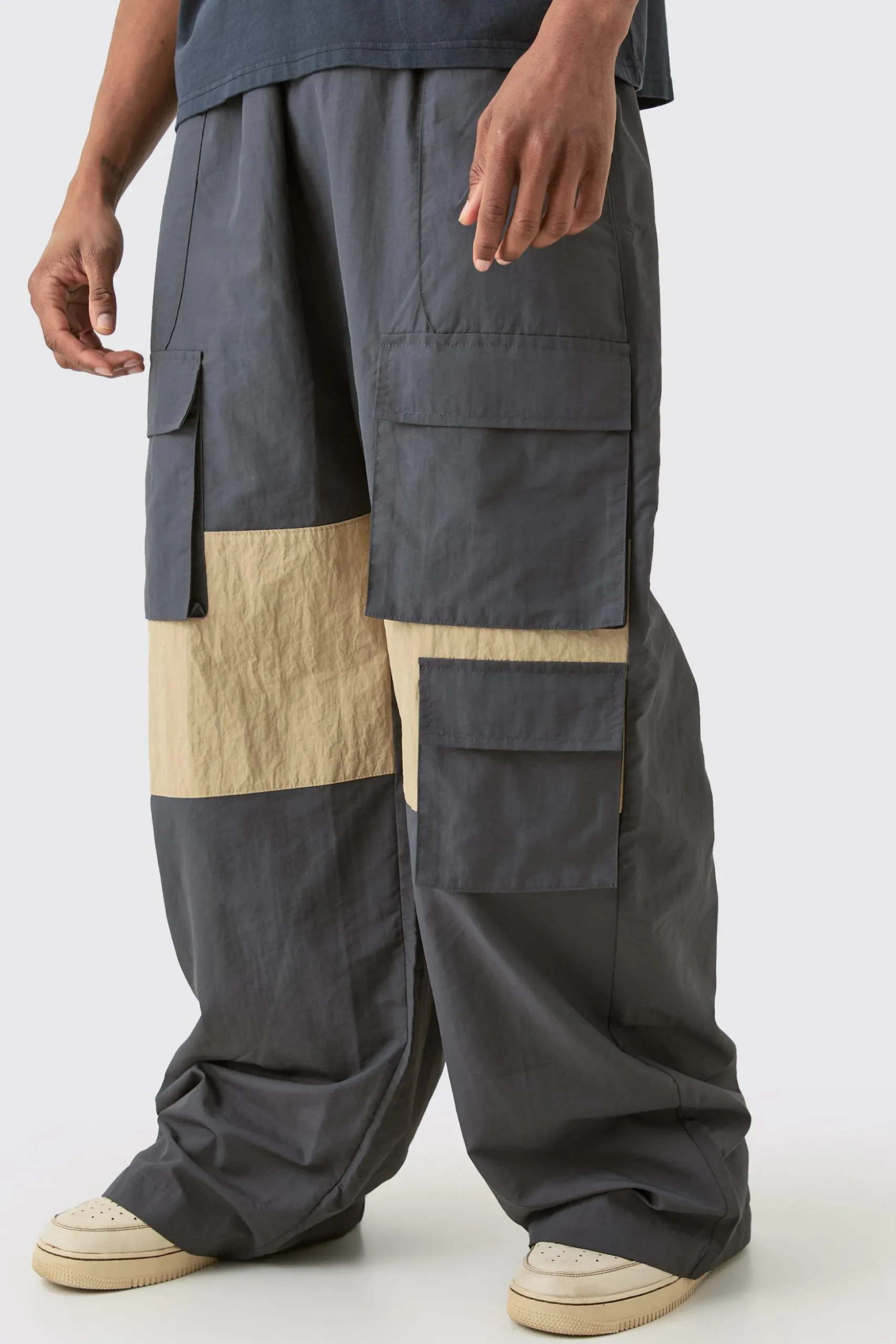 Tall Colour Block Cargo Parachute Pants | BoohooMAN UK