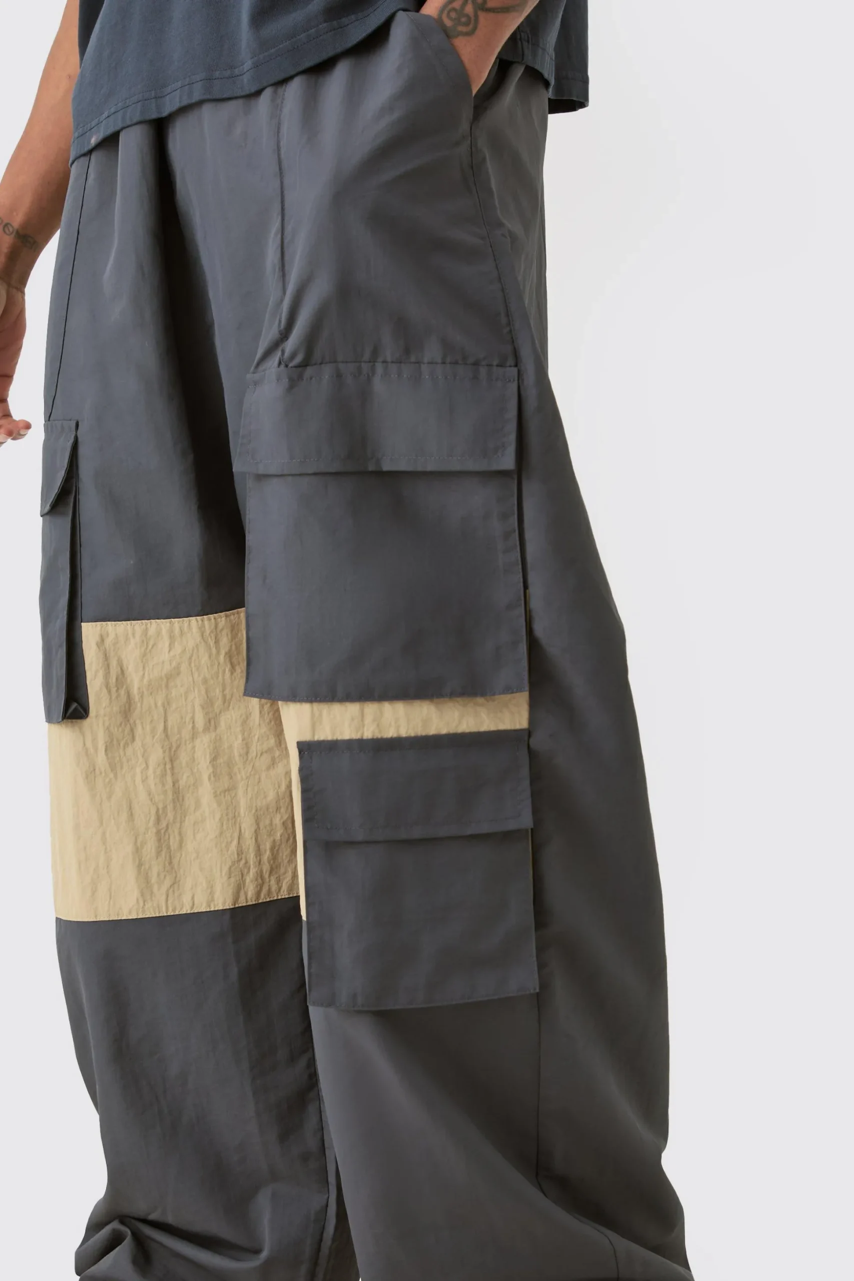 Tall Colour Block Cargo Parachute Pants | BoohooMAN UK