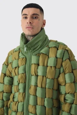 Tall Contrast Hand Weft Padded Puffer Jacket In Khaki | BoohooMAN UK