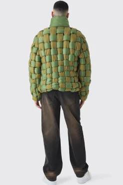 Tall Contrast Hand Weft Padded Puffer Jacket In Khaki | BoohooMAN UK