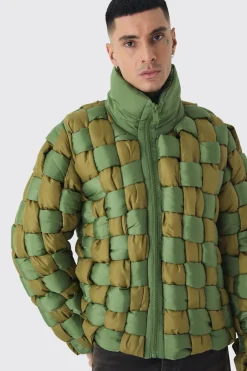 Tall Contrast Hand Weft Padded Puffer Jacket In Khaki | BoohooMAN UK