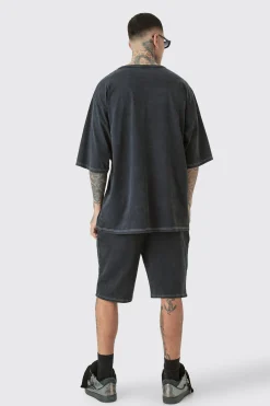 Tall Contrast Stitch Varsity T-shirt & Short Set | BoohooMAN UK