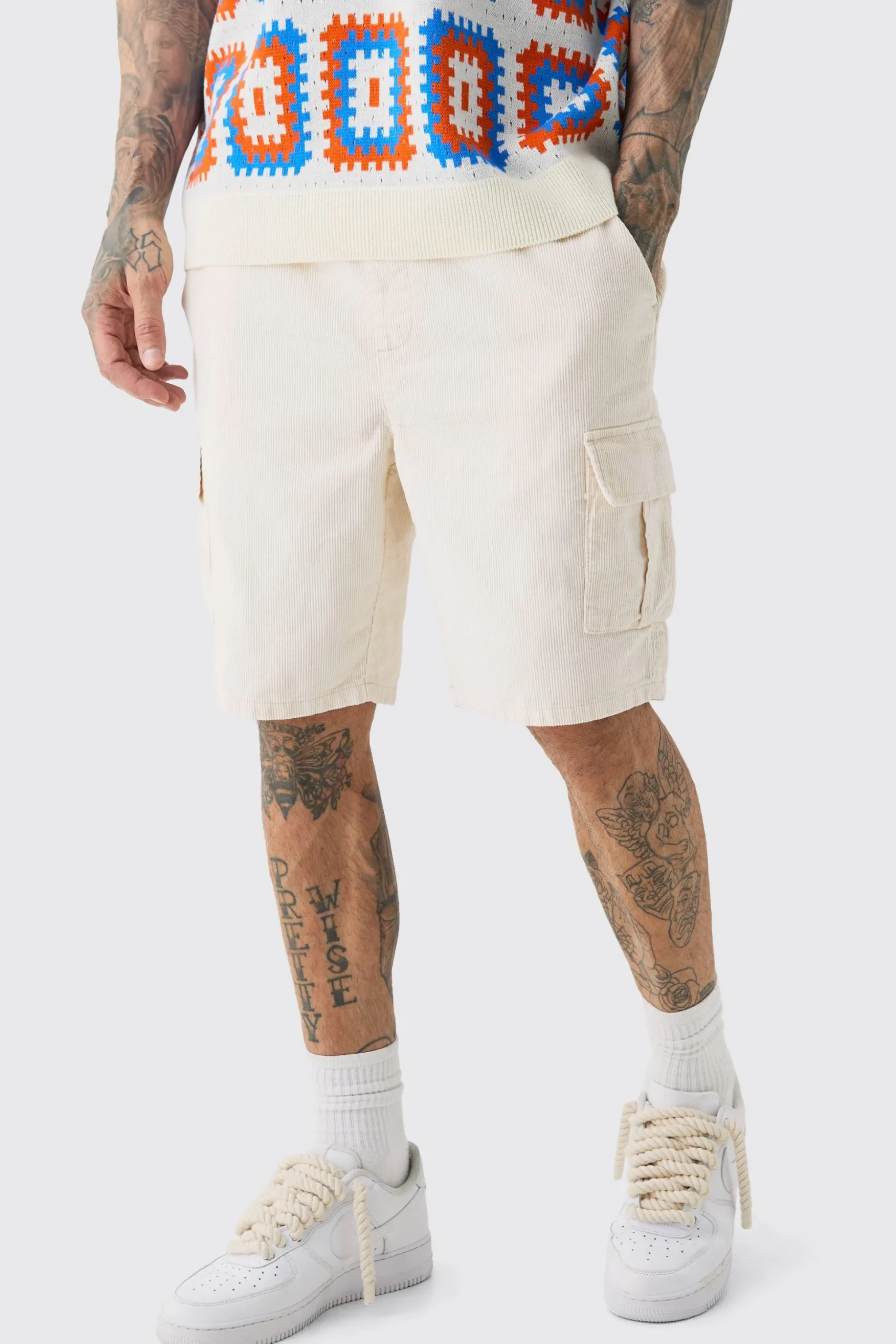Tall Cord Cargo Shorts In Stone | BoohooMAN UK