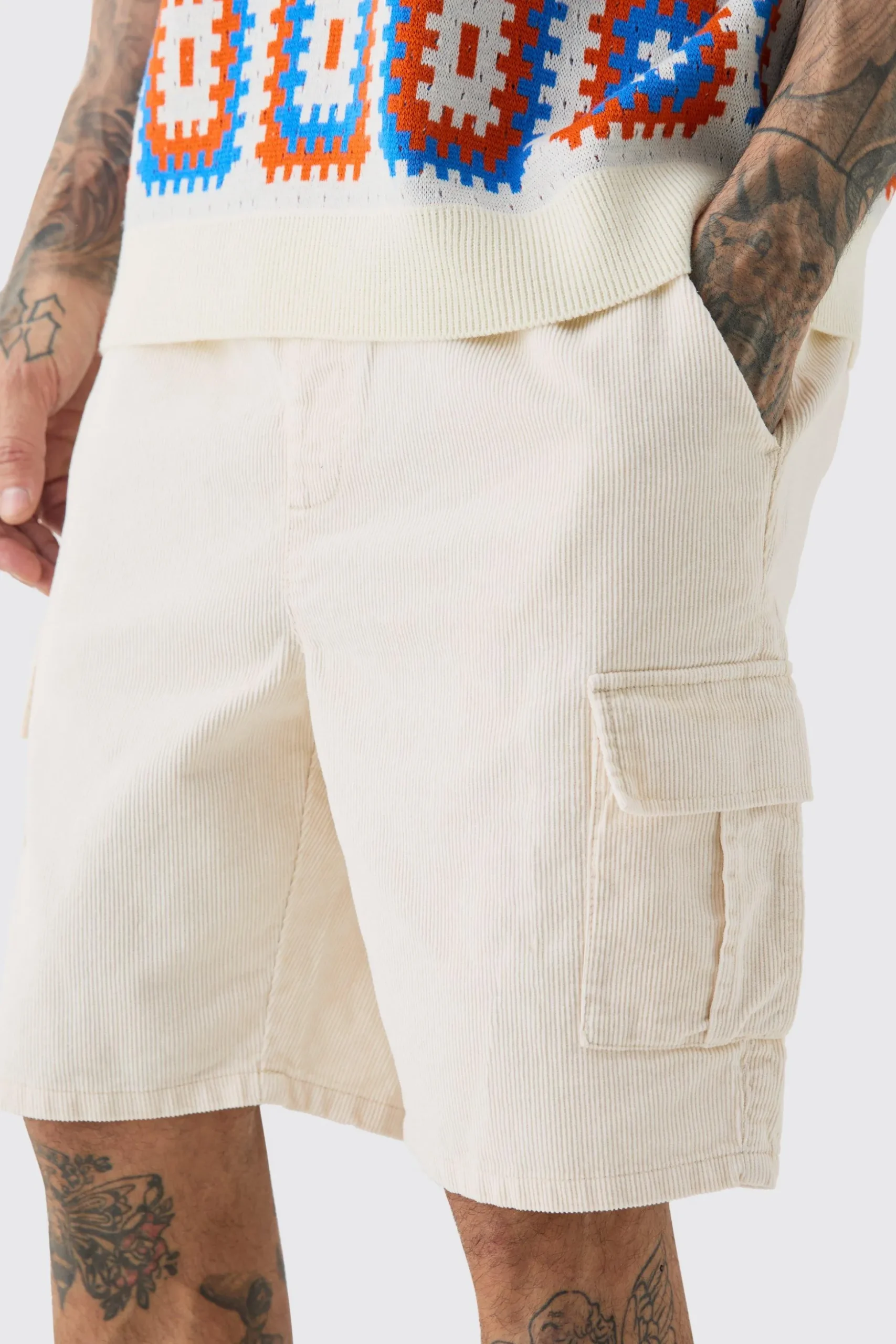 Tall Cord Cargo Shorts In Stone | BoohooMAN UK