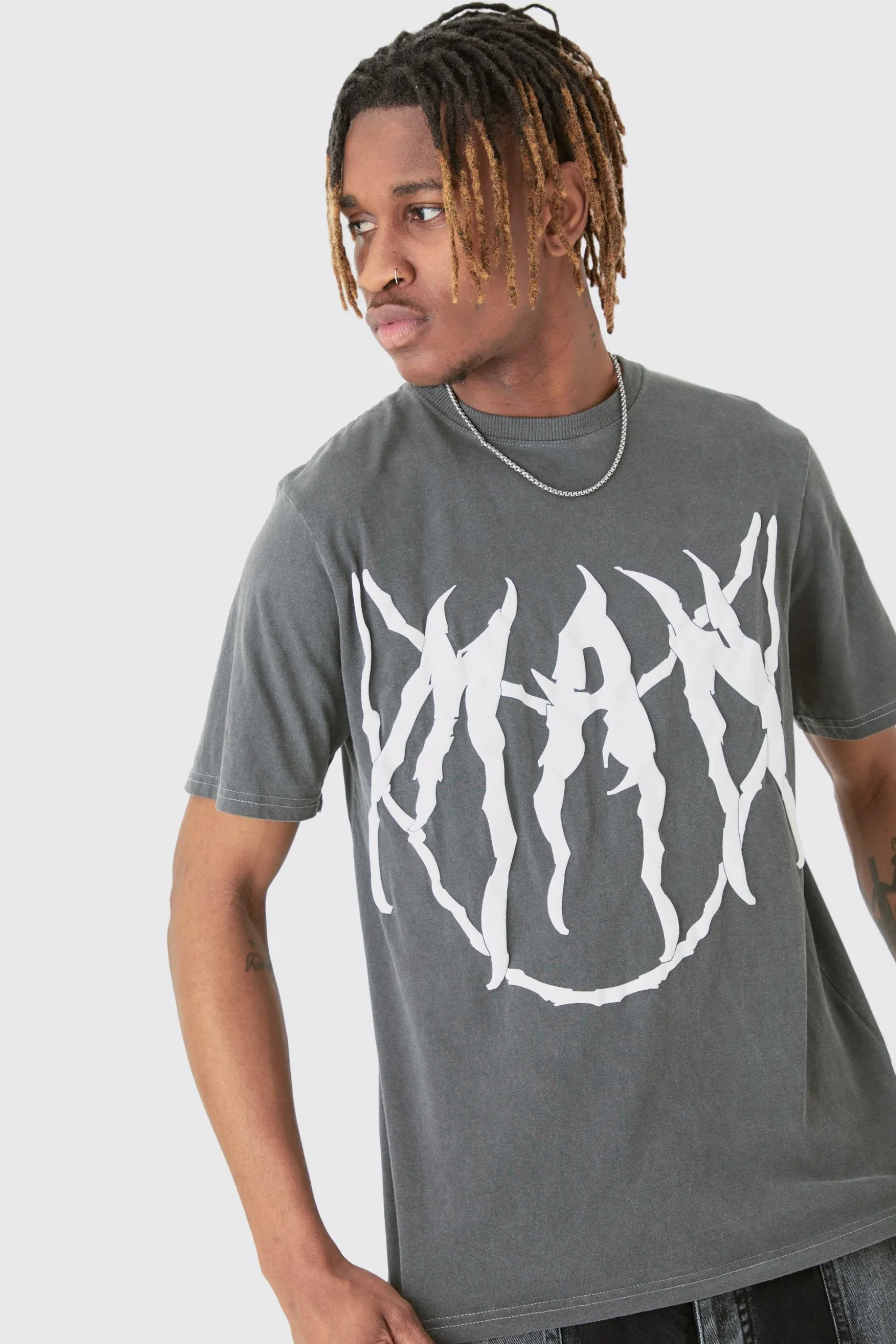 Tall Core Man Chain Puff Print T-shirt In Grey | BoohooMAN UK