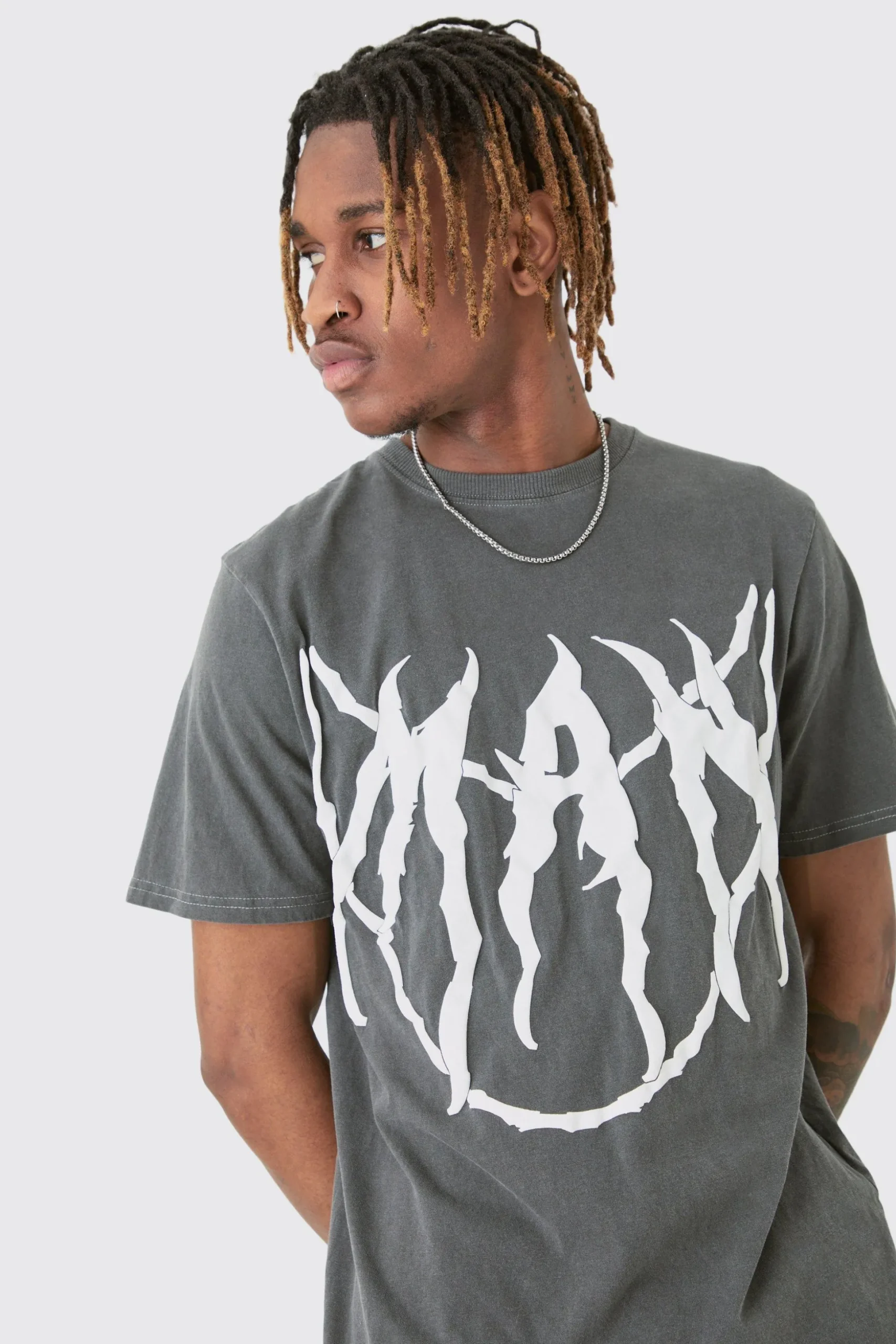 Tall Core Man Chain Puff Print T-shirt In Grey | BoohooMAN UK