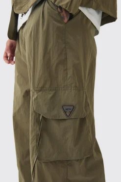 Tall Crinkle Nylon Cargo Parachute Trousers In Khaki | BoohooMAN UK