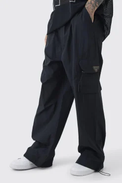 Tall Crinkle Nylon Cargo Parachute Trousers In Black | BoohooMAN UK