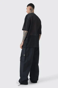 Tall Crinkle Nylon Cargo Parachute Trousers In Black | BoohooMAN UK
