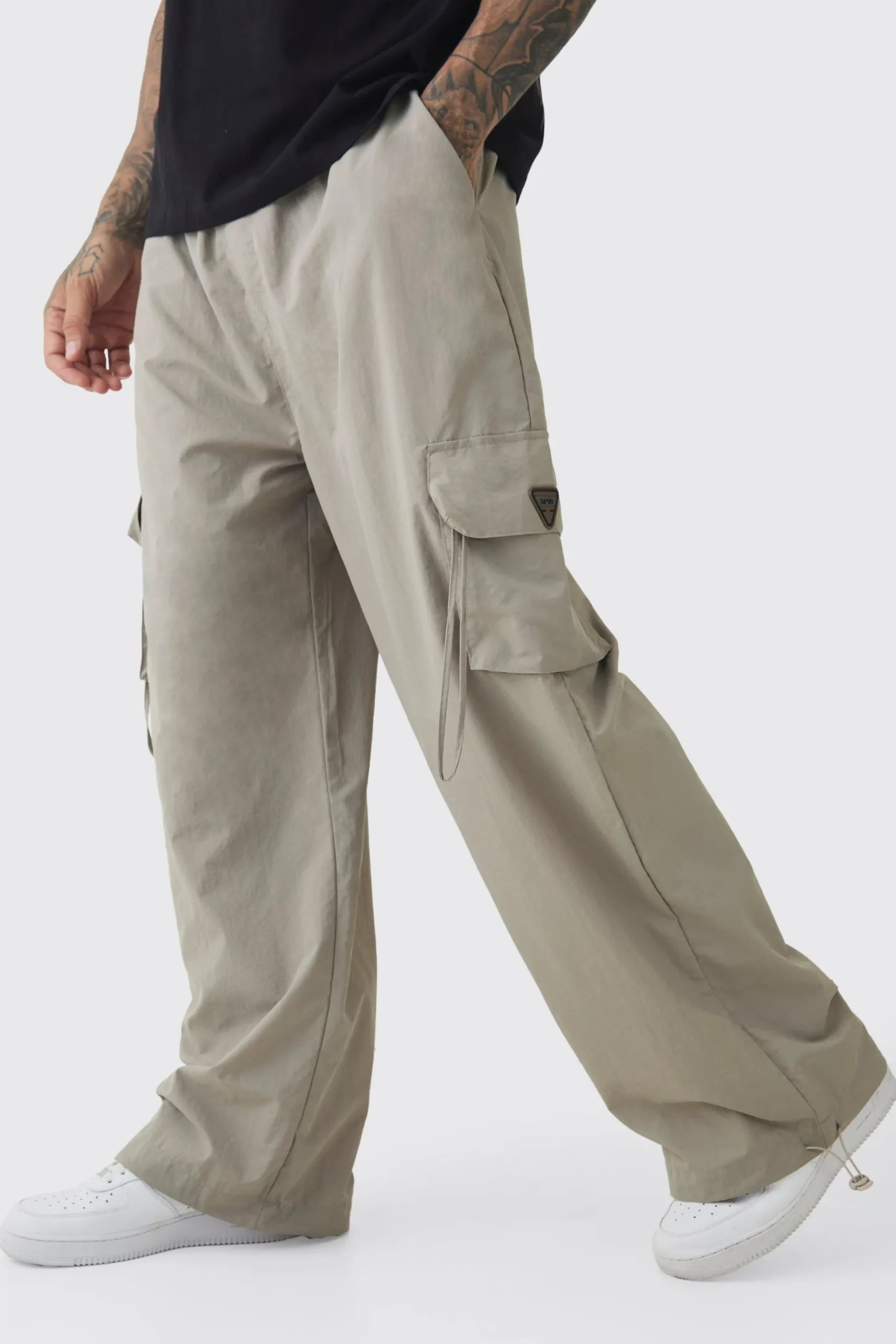 Tall Crinkle Nylon Cargo Parachute Trousers In Stone | BoohooMAN UK
