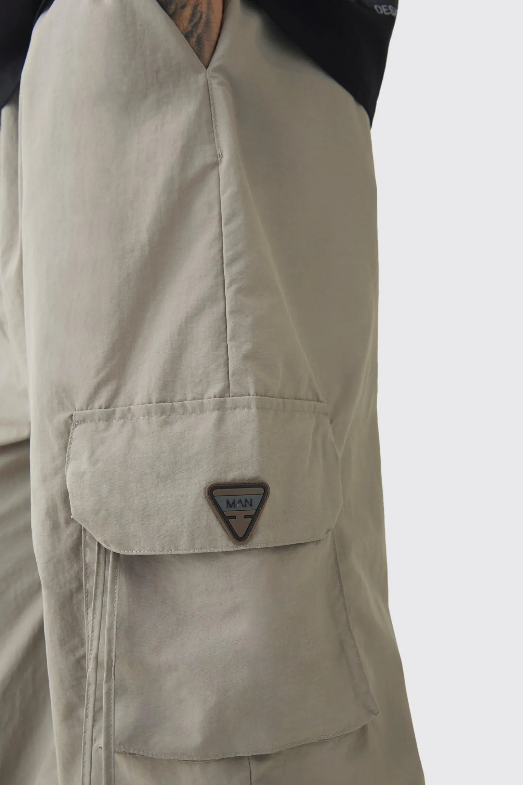 Tall Crinkle Nylon Cargo Parachute Trousers In Stone | BoohooMAN UK