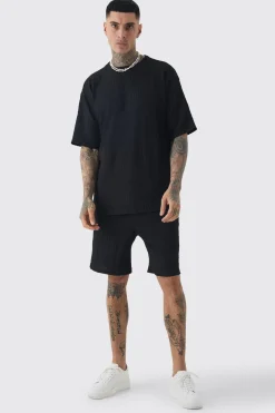 Tall Crinkle Textured T-Shirt & Short Set | BoohooMAN UK