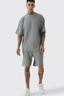 Tall Crinkle Textured T-Shirt & Short Set | BoohooMAN UK