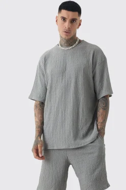 Tall Crinkle Textured T-Shirt & Short Set | BoohooMAN UK