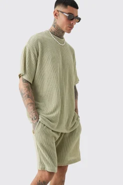 Tall Crochet Rib T-shirt & Short Set | BoohooMAN UK