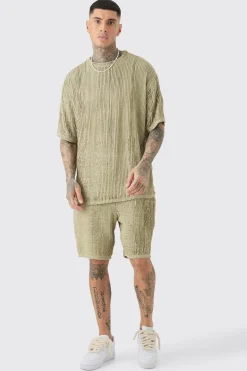Tall Crochet Rib T-Shirt & Short Set | BoohooMAN UK