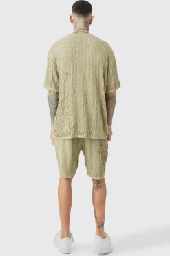 Tall Crochet Rib T-Shirt & Short Set | BoohooMAN UK