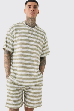 Tall Crochet Striped T-shirt & Short Set | BoohooMAN UK