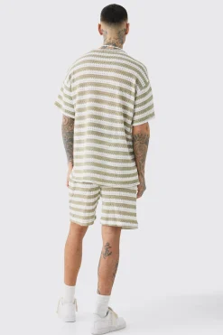 Tall Crochet Striped T-shirt & Short Set | BoohooMAN UK