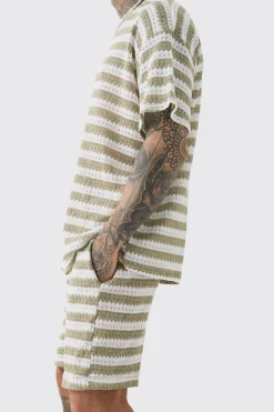 Tall Crochet Striped T-shirt & Short Set | BoohooMAN UK