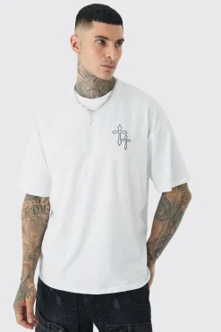 Tall Cross Embroidered T-shirt In White | BoohooMAN UK
