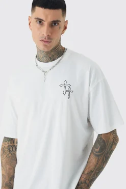Tall Cross Embroidered T-shirt In White | BoohooMAN UK