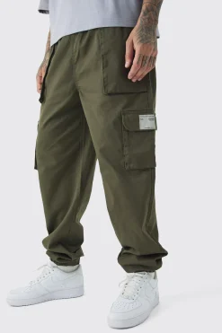 Tall Cuffed Hem Woven Tab Cargo Trousers In Khaki | BoohooMAN UK