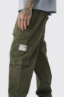 Tall Cuffed Hem Woven Tab Cargo Trousers In Khaki | BoohooMAN UK
