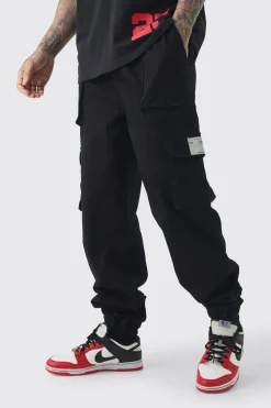 Tall Cuffed Hem Woven Tab Cargo Trousers In Black | BoohooMAN UK