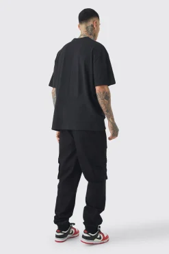 Tall Cuffed Hem Woven Tab Cargo Trousers In Black | BoohooMAN UK