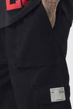 Tall Cuffed Hem Woven Tab Cargo Trousers In Black | BoohooMAN UK