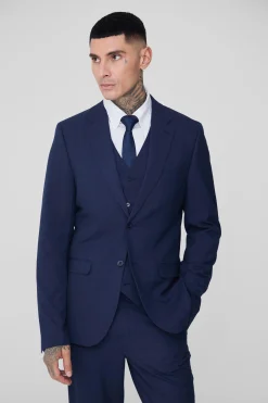 Tall Dark Blue Check Single Breasted Slim Fit Suit Jacket | BoohooMAN UK
