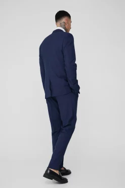 Tall Dark Blue Check Single Breasted Slim Fit Suit Jacket | BoohooMAN UK