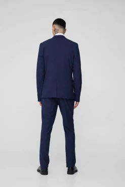 Tall Dark Blue Check Slim Fit Suit Trouser | BoohooMAN UK