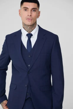 Tall Dark Blue Check Slim Fit Suit | BoohooMAN UK
