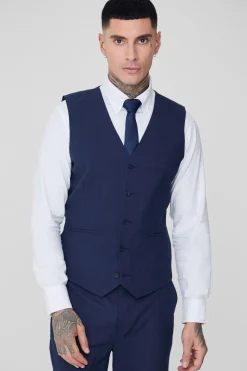 Tall Dark Blue Check Waistcoat | BoohooMAN UK