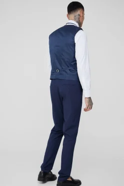 Tall Dark Blue Check Waistcoat | BoohooMAN UK