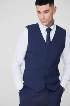 Tall Dark Blue Check Waistcoat | BoohooMAN UK