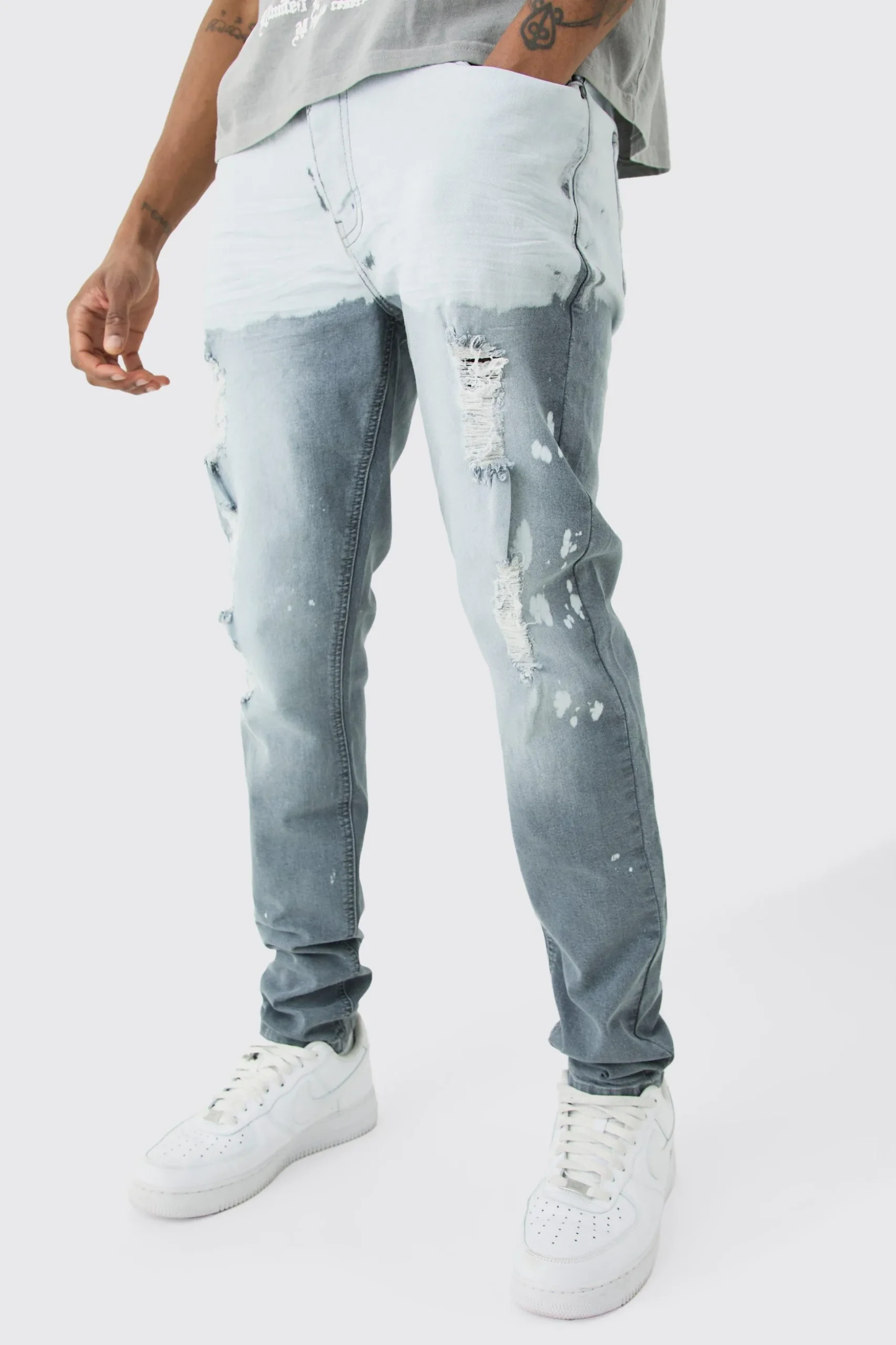 Tall Dark Grey Stretch Skinny Paint Effect Jean | BoohooMAN UK