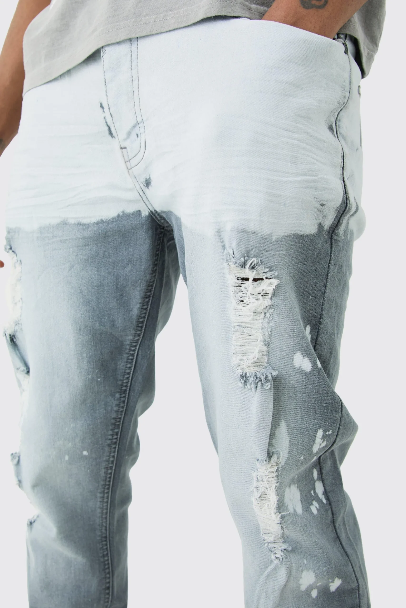 Tall Dark Grey Stretch Skinny Paint Effect Jean | BoohooMAN UK