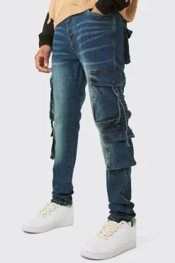 Tall Dark Wash Stretch Skinny Cargo Pocket Detail Jean | BoohooMAN UK