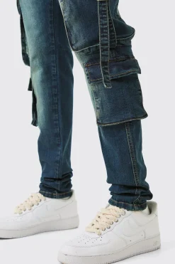 Tall Dark Wash Stretch Skinny Cargo Pocket Detail Jean | BoohooMAN UK