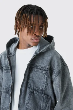 Tall Denim Acid Wash Hoodie | BoohooMAN UK