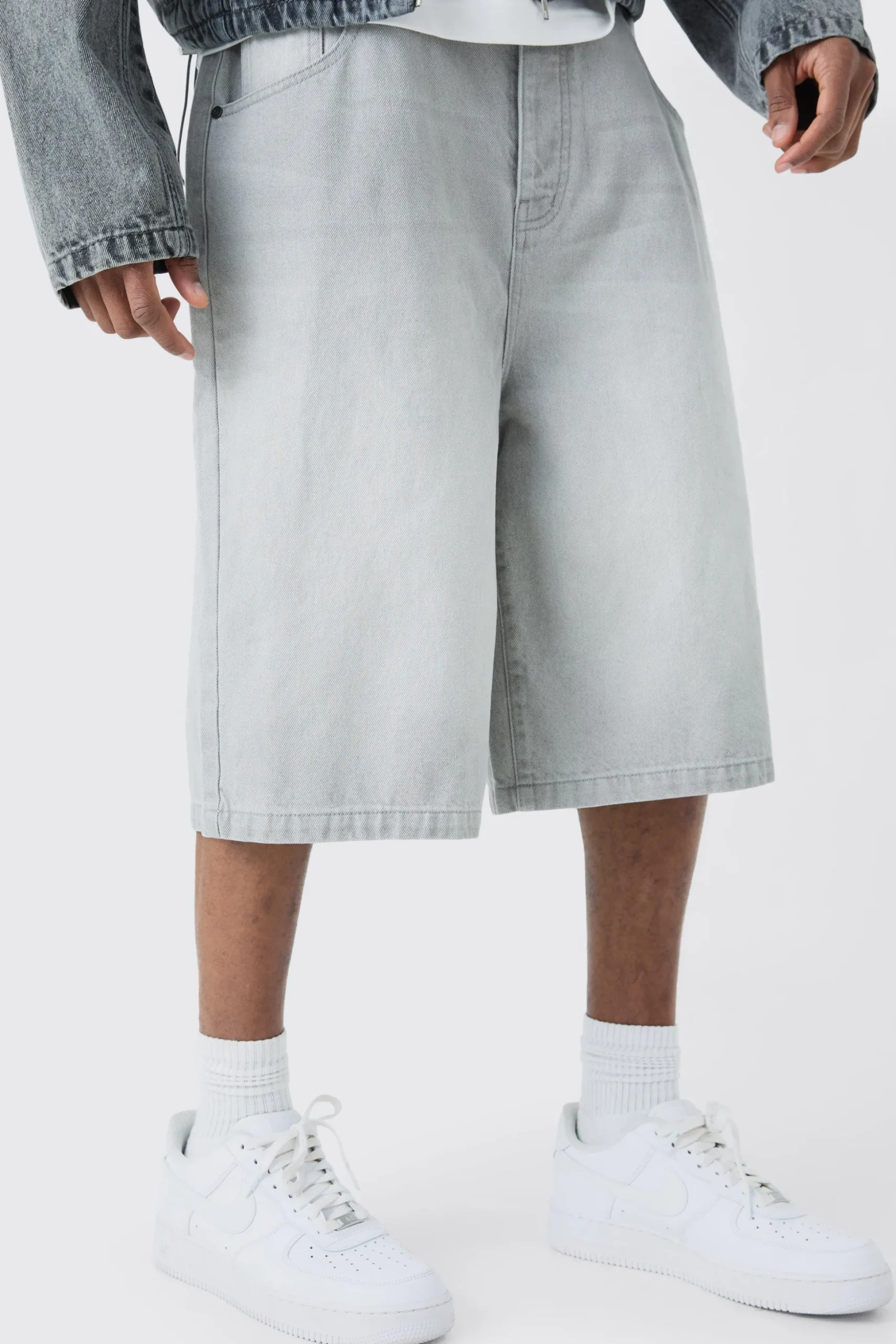 Tall Denim Jorts In Light Grey | BoohooMAN UK