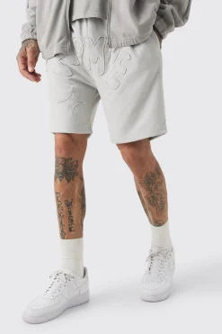 Tall Distressed Applique Loose Short In Grey | BoohooMAN UK