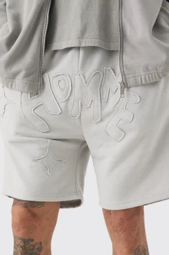 Tall Distressed Applique Loose Short In Grey | BoohooMAN UK