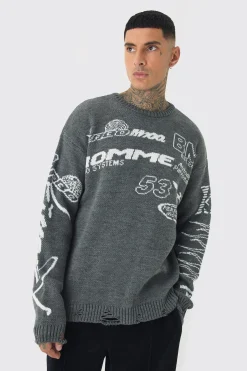 Tall Distressed Moto Crew Neck Jumper | BoohooMAN UK