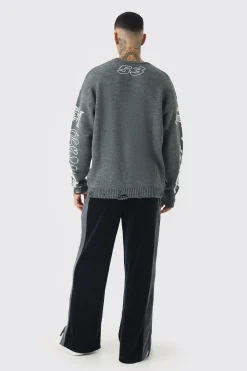Tall Distressed Moto Crew Neck Jumper | BoohooMAN UK