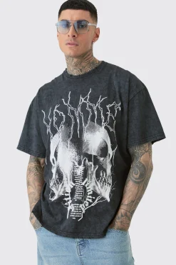 Tall Distressed Oversized Acid Wash Gothic Print T-shirt | BoohooMAN UK